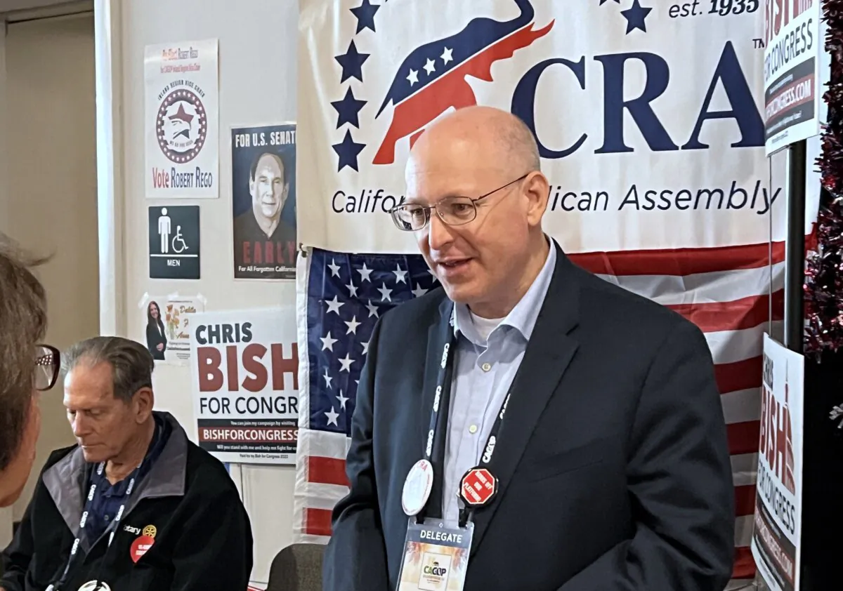 Carl Brickey, president of the California Republican Assembly, at the group's booth at the 2023 California GOP convention in Anaheim, Calif., on Sept. 30, 2023. (Brad Jones/The Epoch Times)