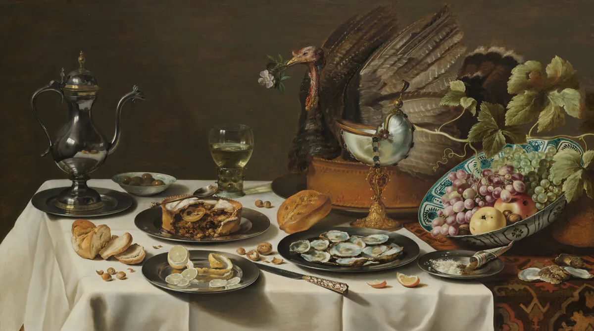 "Still Life with a Turkey Pie," 1627, by Pieter Claesz. Oil on panel; 29 1/2 inches by 52 inches. Rijksmuseum, Amsterdam. (Public Domain)