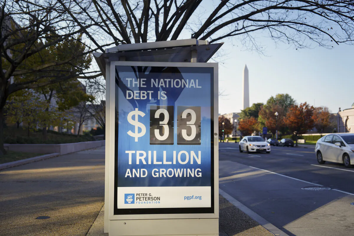 The National Debt Clock in Washington on Nov. 13, 2023. (Madalina Vasiliu /The Epoch Times)