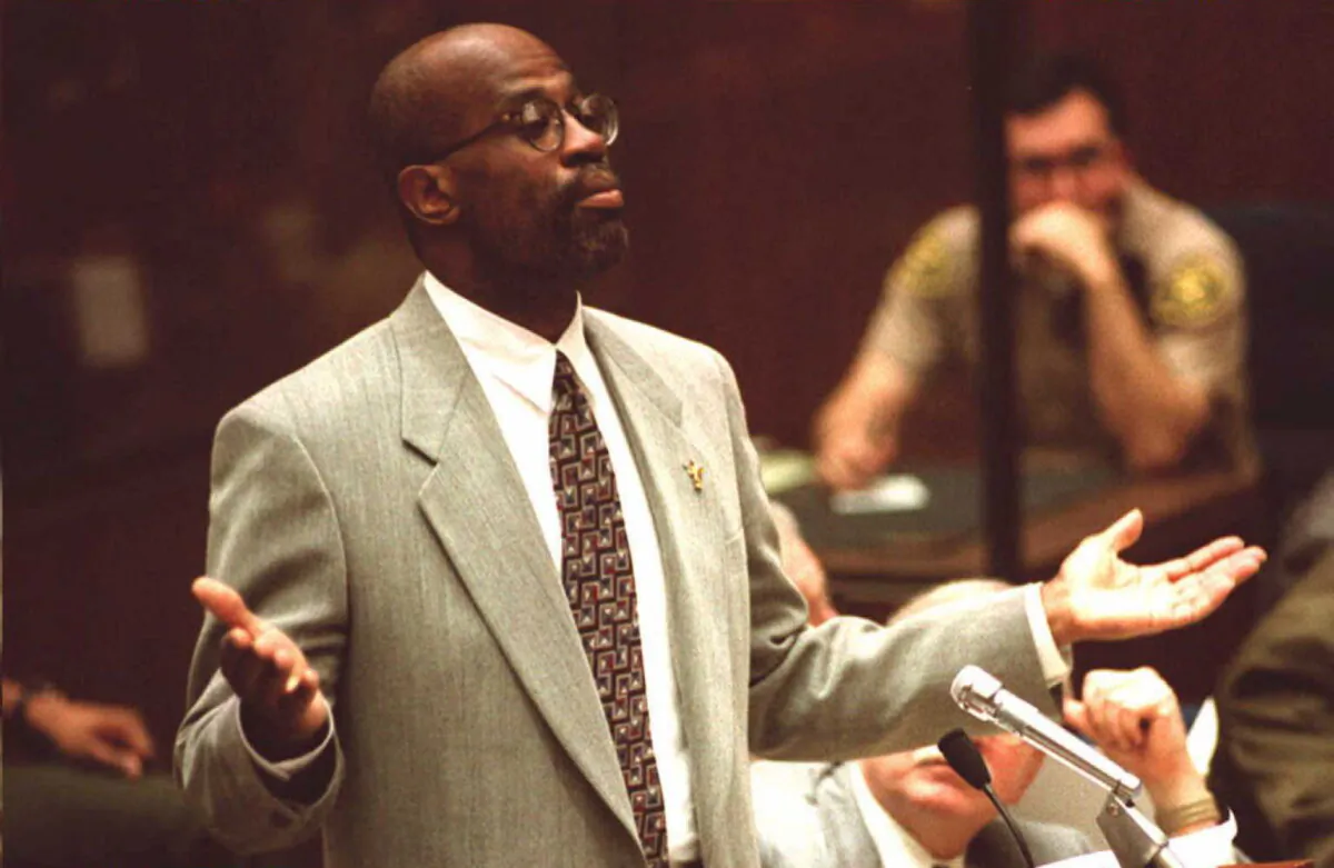 Then-Deputy District Attorney Chris Darden asks Judge Lance Ito in the O.J. Simpson case to bar the defense from asking Los Angeles Police detective Mark Fuhrman if he ever uttered a racial epithet in Los Angeles on Jan. 13, 1995. (Poo/AFP via Getty Images)