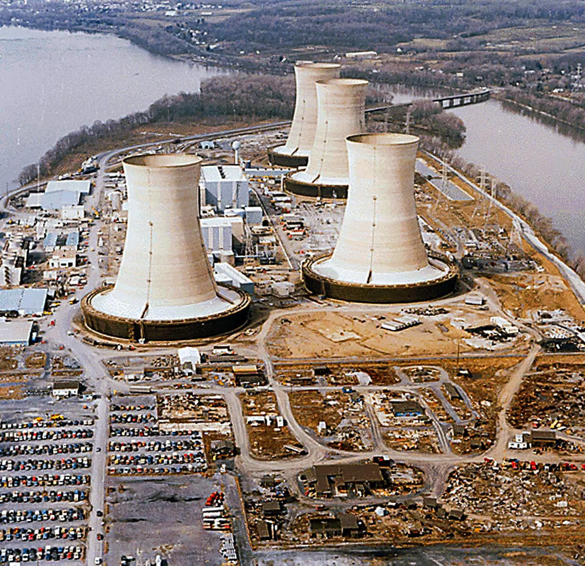 This file photo taken on April 11, 1979, shows a view of the Three Mile Island Nuclear Power Plant near Harrisburg, Pennsylvania. (The National Archives/AFP via Getty Images)
