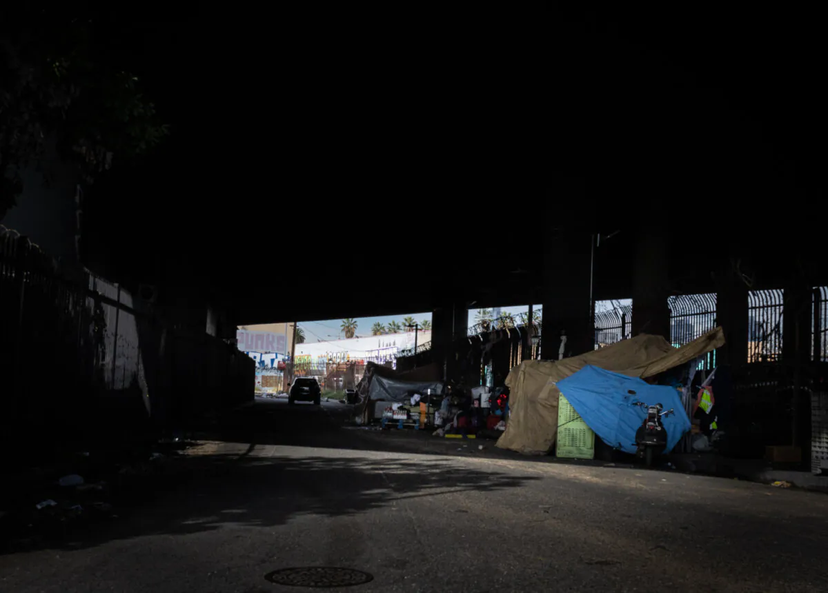 A homeless encampment under the 10 Freeway in Los Angeles on Nov. 13, 2023. (John Fredricks/The Epoch Times)
