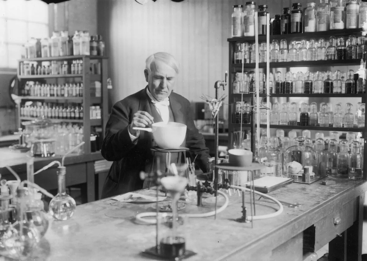 American inventor Thomas Edison (1847–1931) conducting an experiment in his laboratory, circa 1910. He once said, "The three great essentials to achieve anything worthwhile are, first, hard work; second, stick-to-itiveness; third, common sense.” (FPG/Archive Photos/Getty Images)
