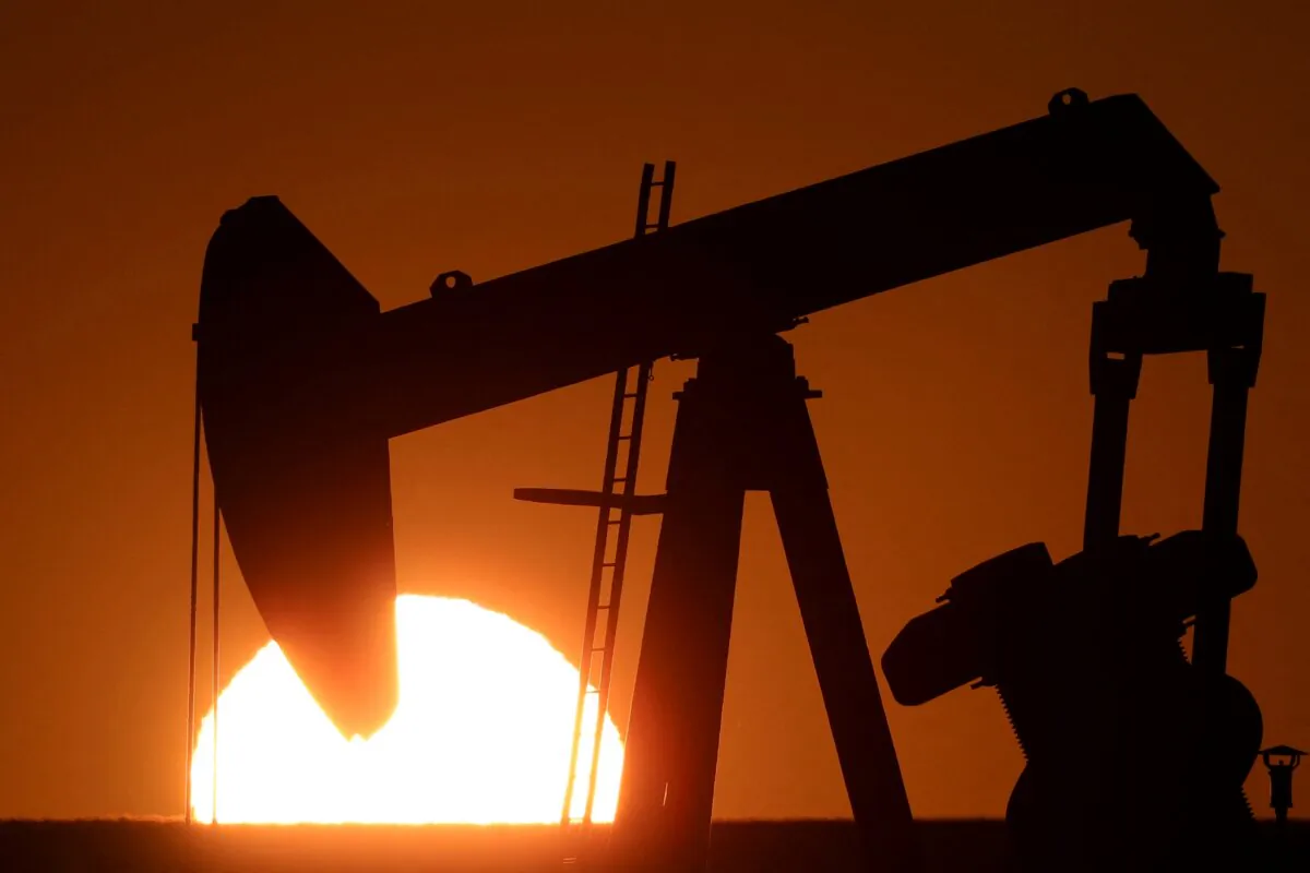 An oil pump of IPC Petroleum France during sunset outside Soudron, near Reims, France, on Feb. 6, 2023. (Pascal Rossignol/Reuters)