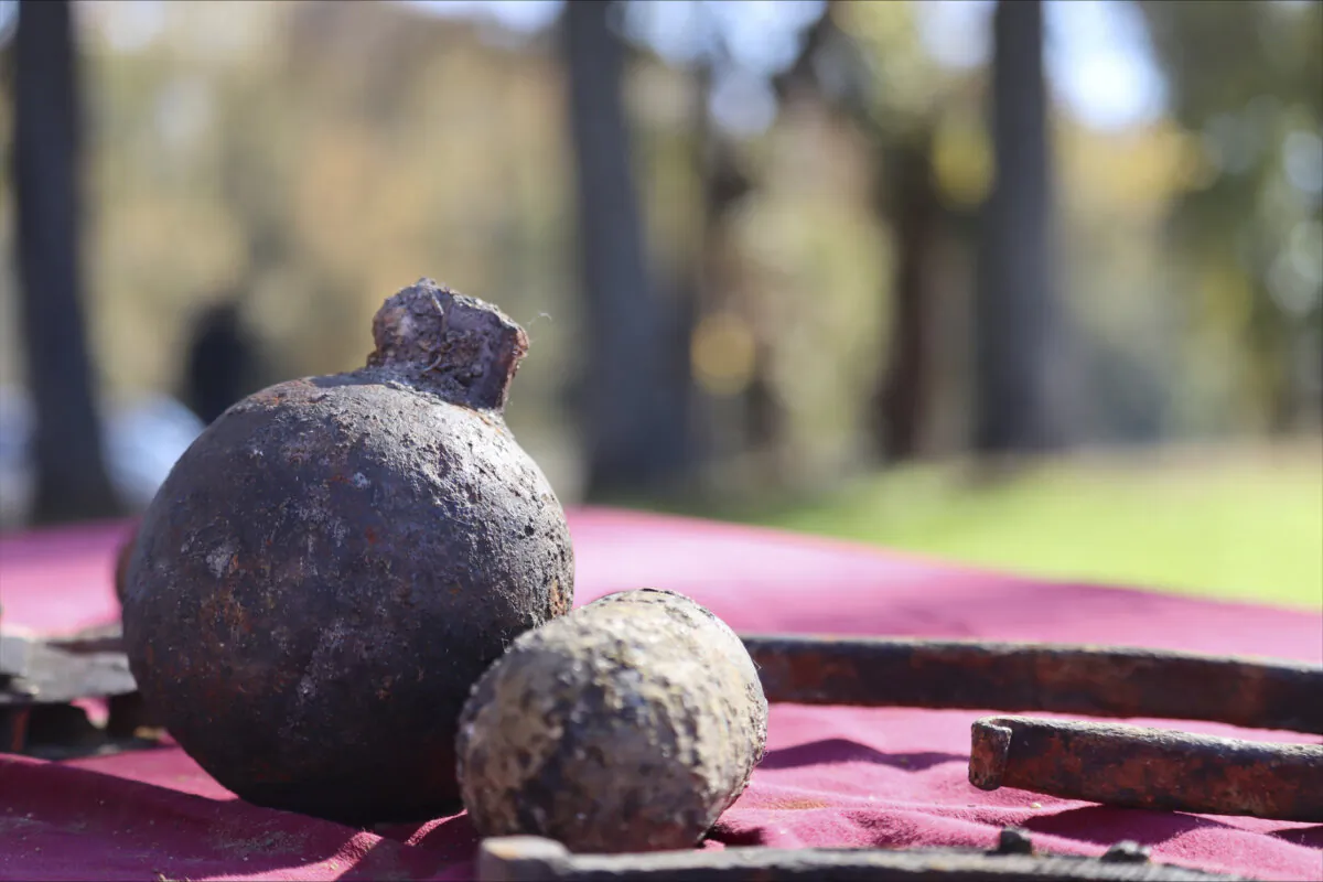 Civil War artifacts at a press conference celebrating the early completion of the Congaree River cleanup in Columbia, S.C., on Nov. 13, 2023. (James Pollard/AP Photo)
