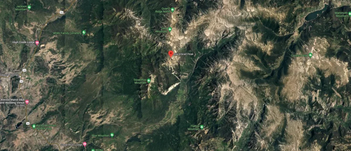 A map shows the summit of Blackhead Peak, a rugged mountain-top located roughly 20 miles east of Pagosa Springs, a town in southwest Colorado, Colo. (Google Maps)