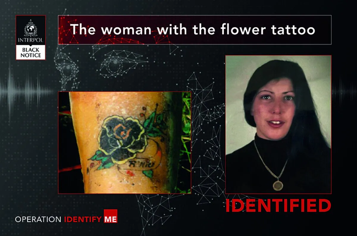 A British woman has been identified as Rita Roberts who was murdered in Belgium decades ago in a cold case known as “the woman with the flower tattoo.” (INTERPOL via AP)