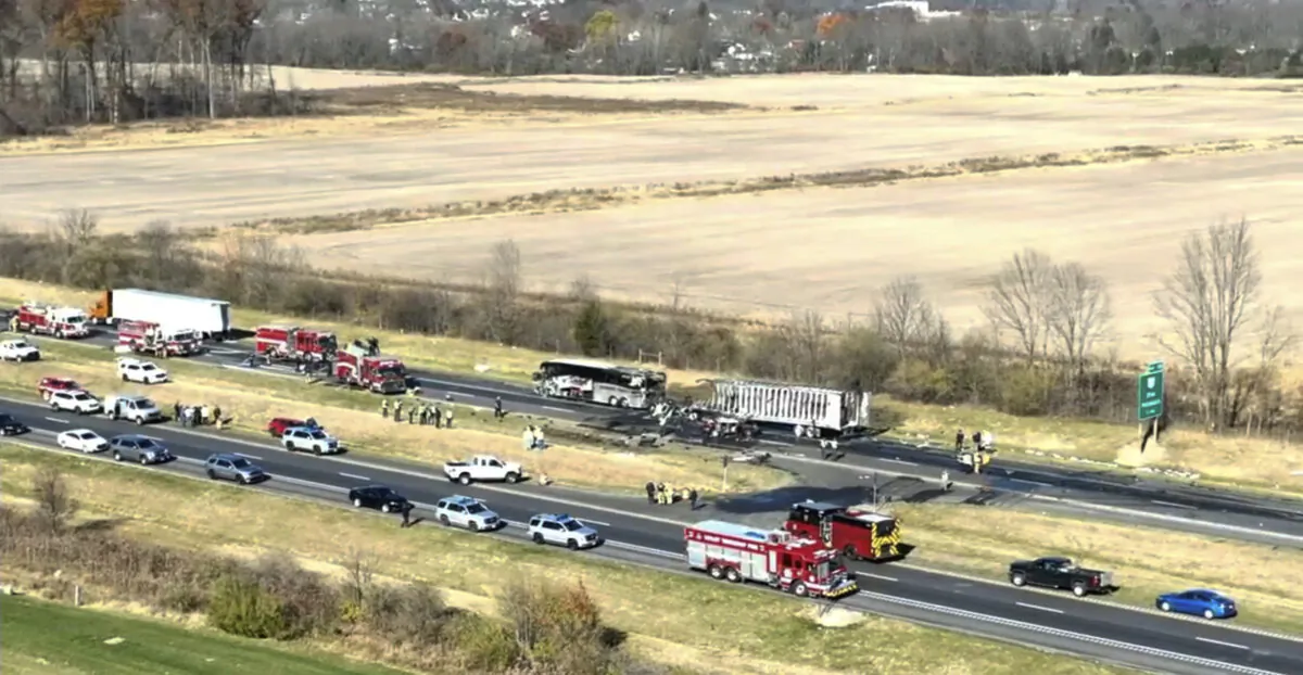 Emergency responders are on the scene of a fatal accident on Interstate 70 West in Licking County, Ohio, on Nov. 14, 2023. (WSYX/WTTE via AP)
