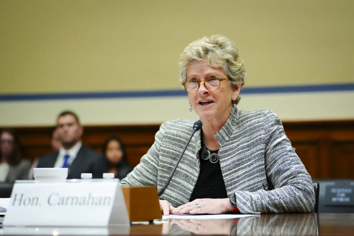 Robin Carnahan, administrator of the U.S. General Services Administration, testifies before the House Oversight Committee in Washington on Nov. 14, 2023. (Madalina Vasiliu/The Epoch Times)