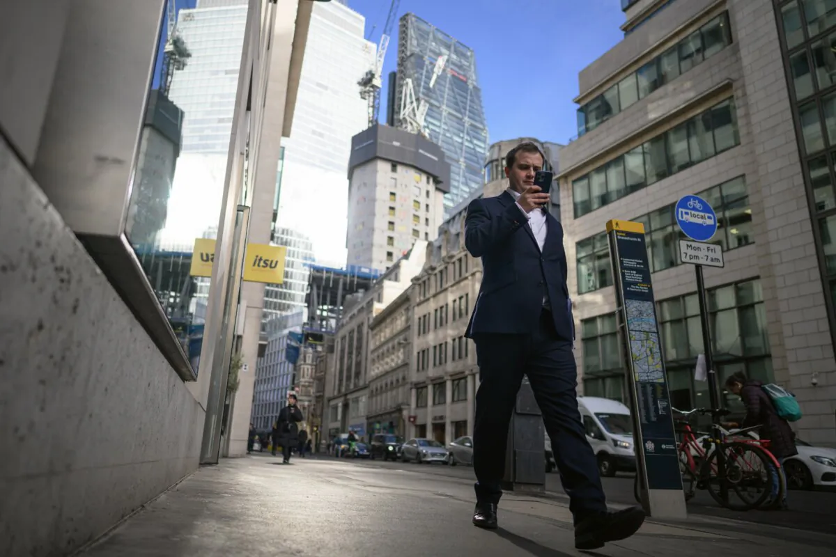 The skyline of the financial district is seen as people walk through the Square Mile in London on Jan. 31, 2023. (Leon Neal/Getty Images)