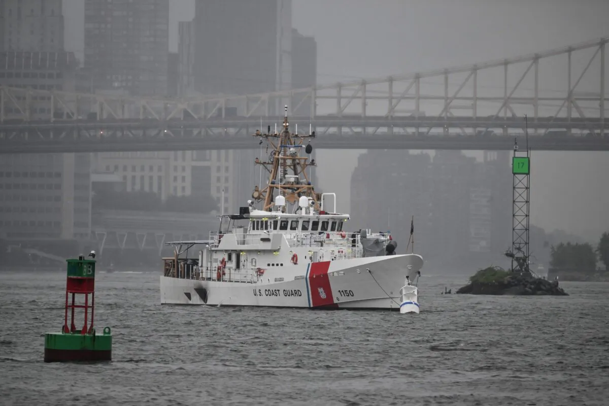A U.S. Coast Guard ship sits near the United Nations headquarters in New York on Sept. 18, 2023. (Ed Jones/AFP via Getty Images)