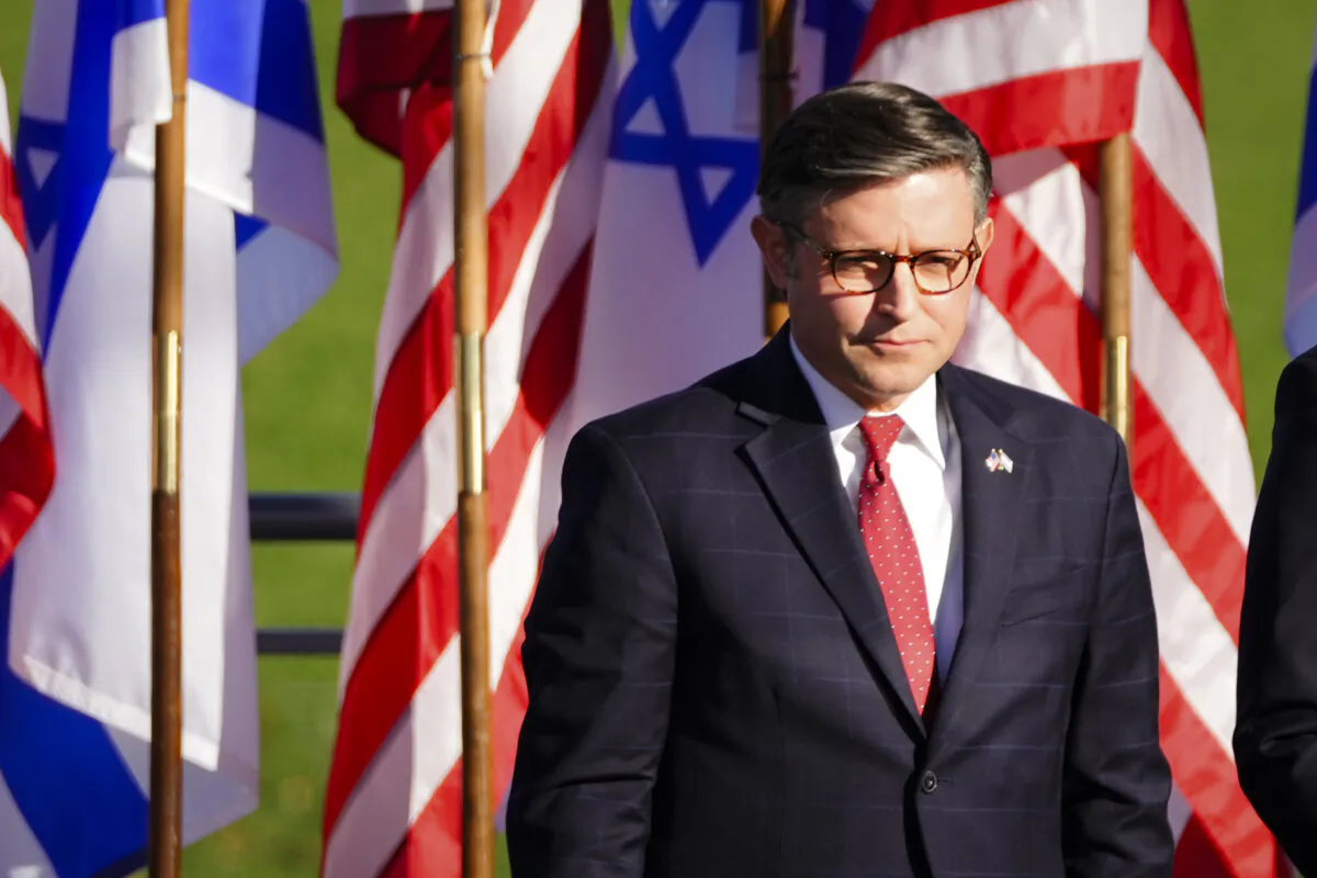 House Speaker Mike Johnson (R-La.) attends a march for Israel in Washington on Nov. 14, 2023. (Madalina Vasiliu/The Epoch Times)