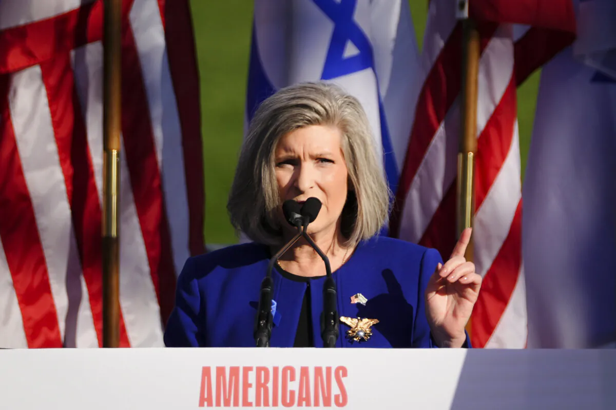 Sen. Joni Ernst (R-Iowa) speaks during a march for Israel in Washington on Nov. 14, 2023. (Madalina Vasiliu/The Epoch Times)