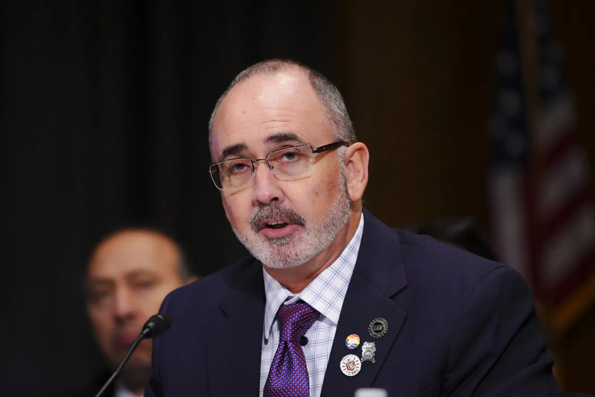 Shawn Fain, United Auto Workers (UAW) international president, testifies before the Senate Committee on Health, Labor, and Pensions in Washington on Nov. 14, 2023. (Madalina Vasiliu/The Epoch Times)