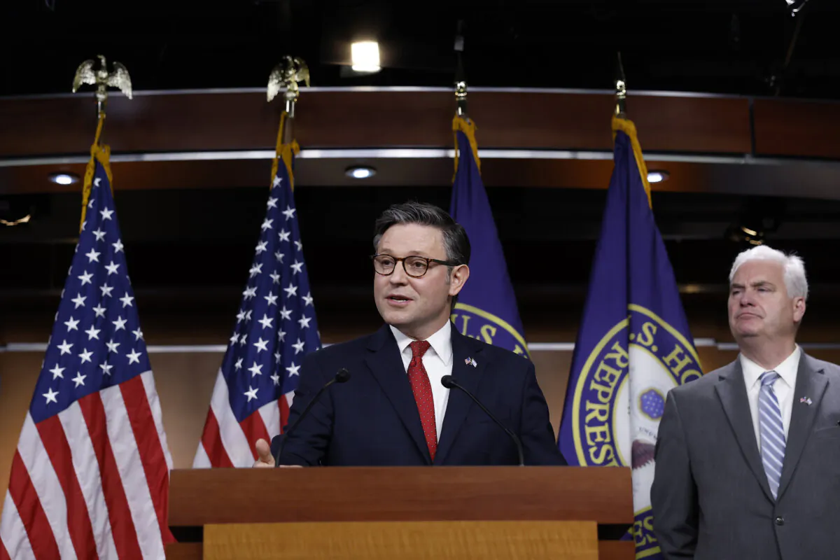 House Speaker Mike Johnson (R-La.) speaks during a news conference after a weekly Republican conference meeting in the U.S. Capitol Building in Washington on Nov. 14, 2023. (Anna Moneymaker/Getty Images)
