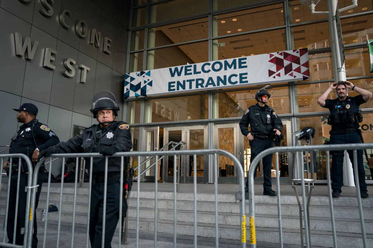 Police man the entrance to the Moscone Center, where protesters of the ongoing Asia-Pacific Economic Cooperation global trade summit were headed, in San Francisco on Nov. 12, 2023. (Kent Nishimura/Getty Images)