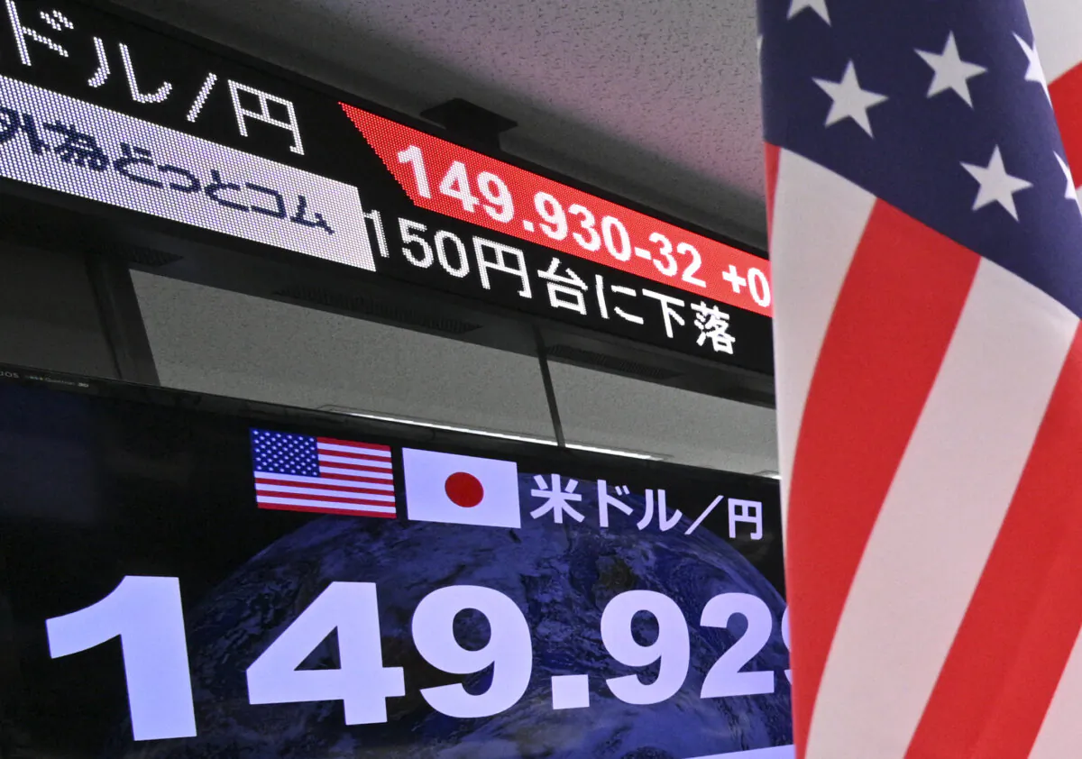 A bulletin board (second row from the top) reports that the exchange rate of the yen against the US dollar has dropped to the 150 yen level, at a foreign exchange brokerage in Tokyo, on Oct. 20, 2022. (Kazuhiro Nog/AFP via Getty Images)