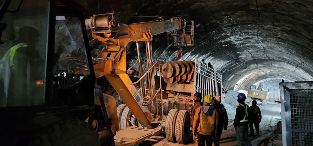 The rescue work inside a collapsed road tunnel where 40 workers were trapped in northern in Uttarakhand state, India, on Nov.14, 2023. (SDRF via AP)