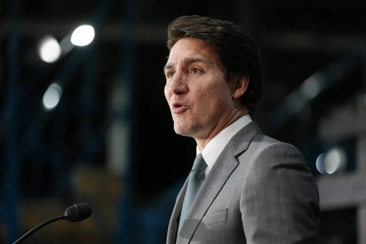 Prime Minister Justin Trudeau speaks during a news conference at lithium battery manufacturer E-One Moli Energy (Canada), in Maple Ridge, B.C., on Nov. 14, 2023. (The Canadian Press/Darryl Dyck)