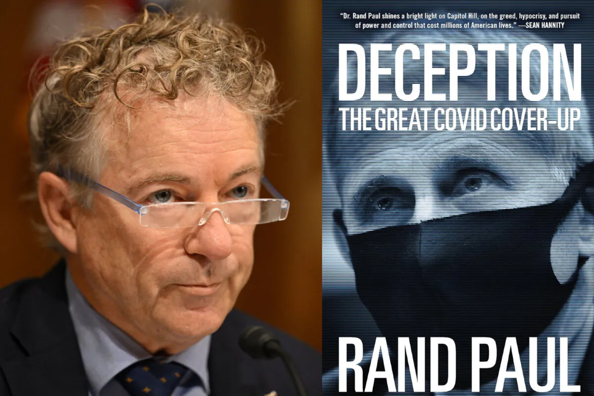 Senator Rand Paul (R-Ky.) and the cover of his new book “Deception: The Great Covid Cover-Up.” (Mandel Ngan/AFP via Getty Images; Regnery Publishing)