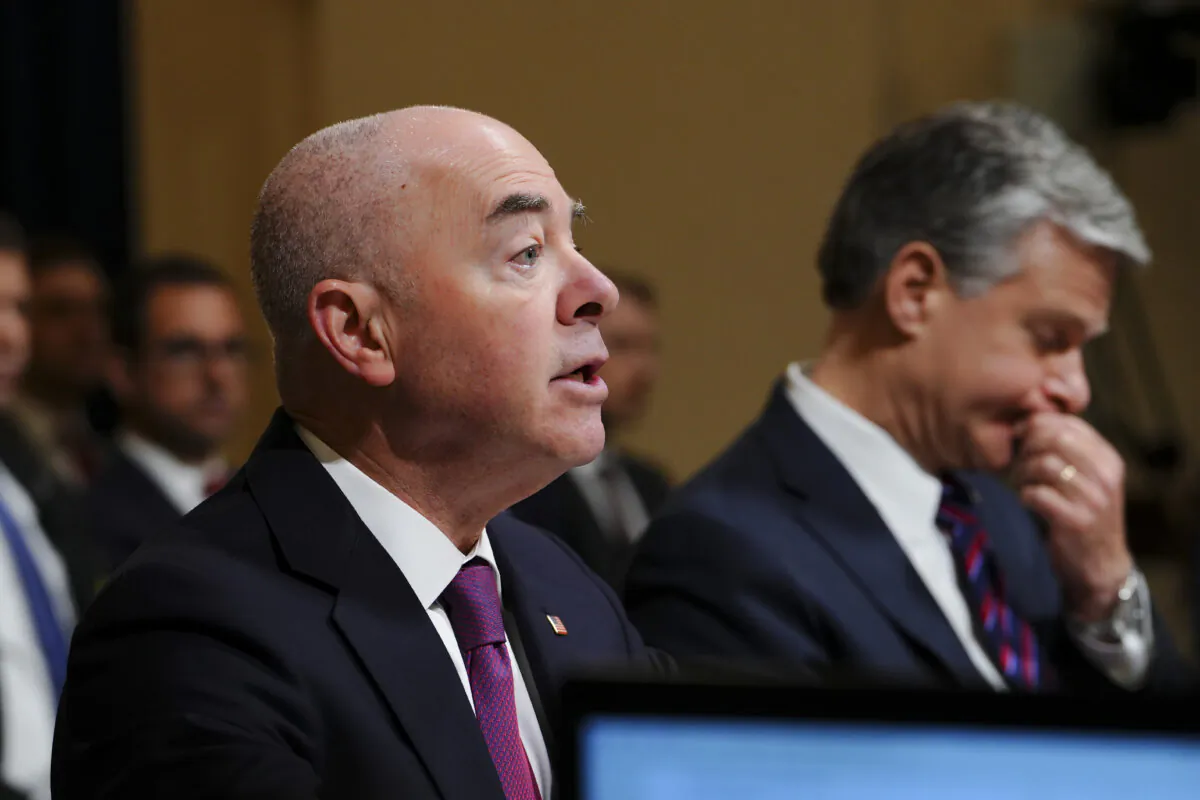 Secretary of the Department of Homeland Security Alejandro Mayorkas (L) and director of the Federal Bureau of Investigation (FBI) Christopher Wray (R) testify before the House Homeland Security Committee in Washington on Nov. 15, 2023. (Madalina Vasiliu/The Epoch Times)