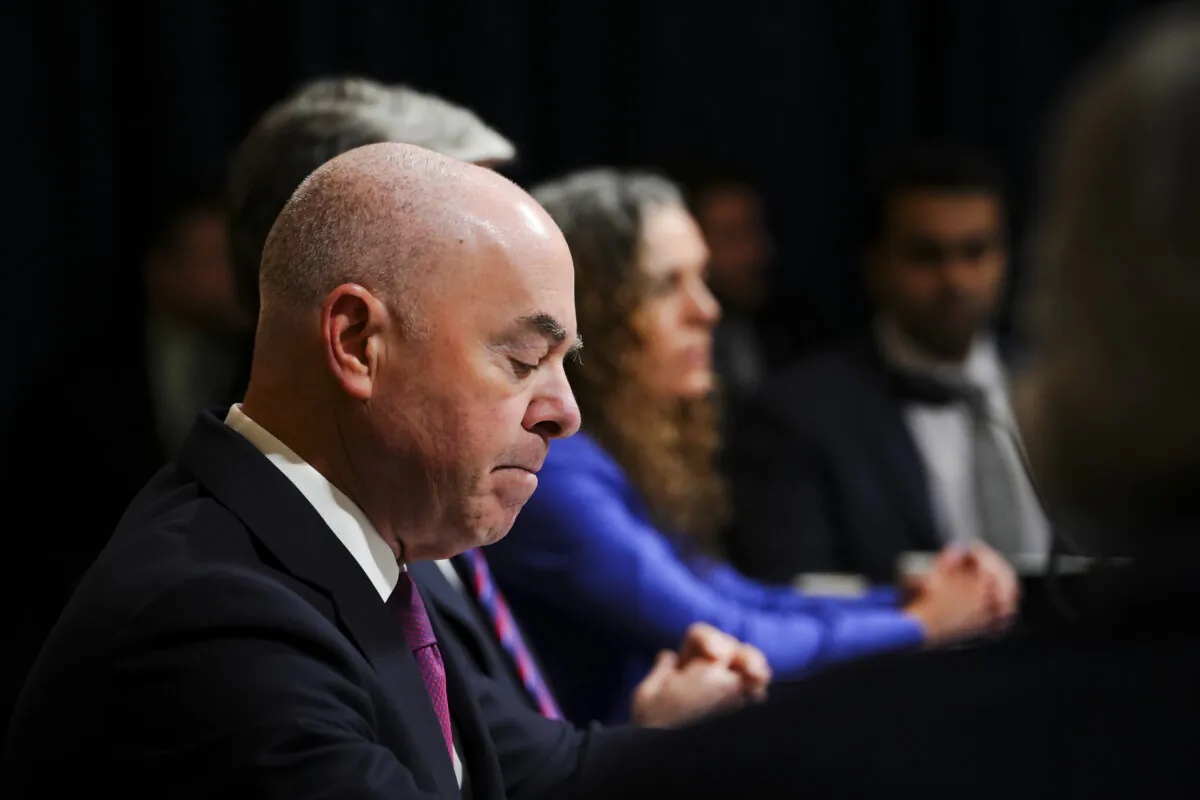 Secretary of the Department of Homeland Security Alejandro Mayorkas testifies before the House Homeland Security Committee in Washington on Nov. 15, 2023. (Madalina Vasiliu/The Epoch Times)