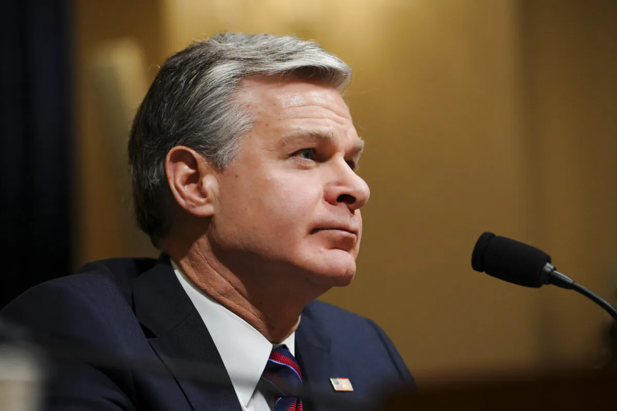 FBI Director Christopher Wray testifies before the House Homeland Security Committee in Washington on Nov. 15, 2023. (Madalina Vasiliu/The Epoch Times)