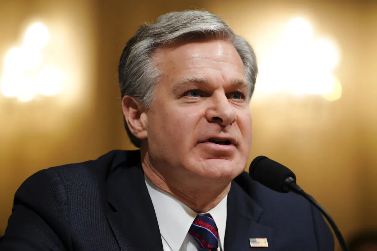 Director of the Federal Bureau of Investigation Christopher Wray testifies before the House Homeland Security Committee in Washington, on Nov. 15, 2023. (Madalina Vasiliu/The Epoch Times)