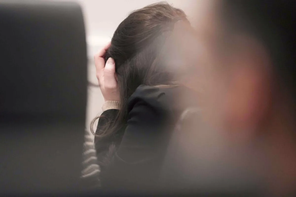 Jessy Kurczewski sobs as the jury finds her guilty on all counts during her trial in the Waukesha County Courthouse in Waukesha, Wis., on Nov. 14, 2023. (Ebony Cox/Milwaukee Journal Sentinel via AP)