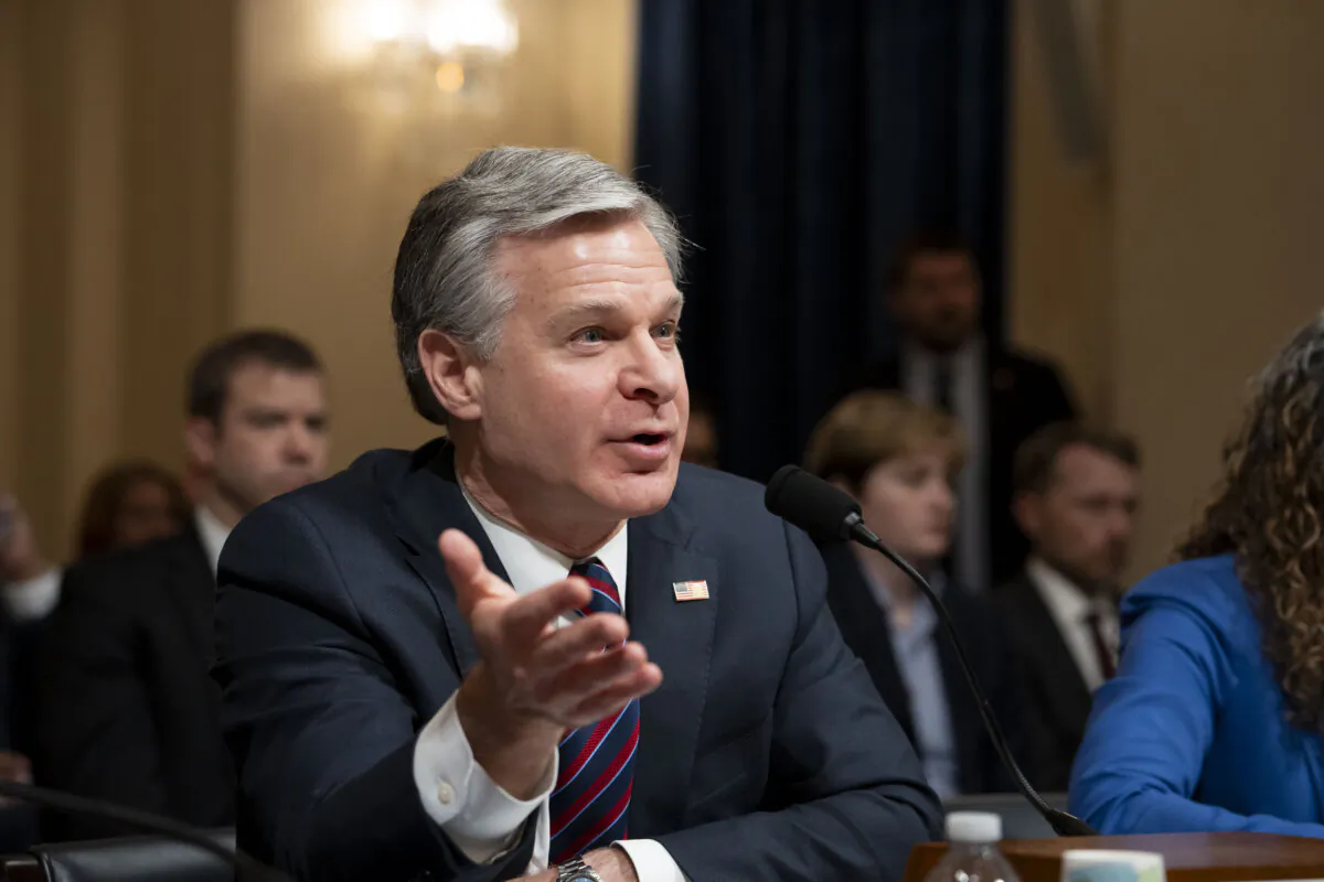 FBI Director Christopher Wray testifies before the House Homeland Security Committee in Washington on Nov. 15, 2023. (Madalina Vasiliu/The Epoch Times)