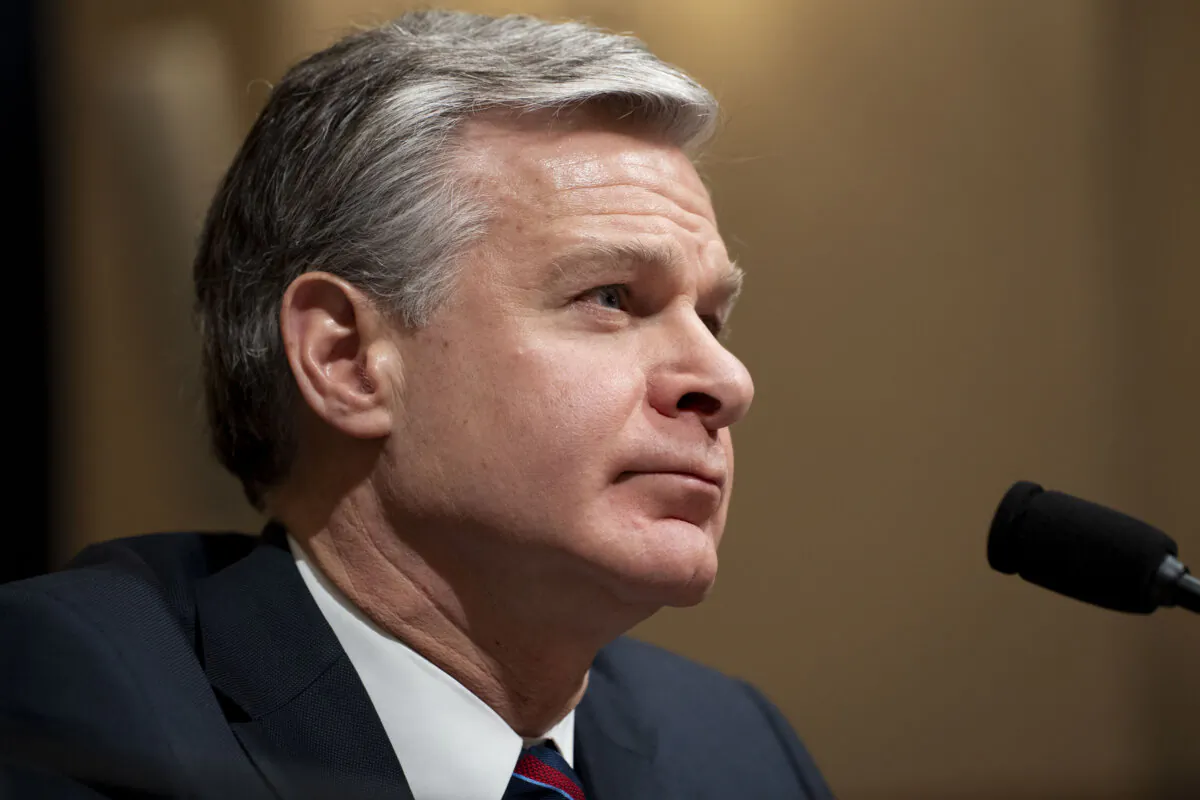 FBI Director Christopher Wray testifies before the House Homeland Security Committee in Washington on Nov. 15, 2023. (Madalina Vasiliu/The Epoch Times)