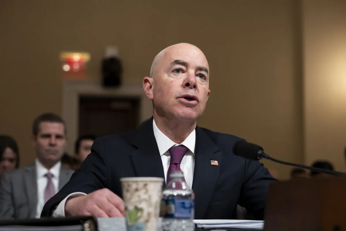 Secretary of the Department of Homeland Security Alejandro Mayorkas testifies before the House Homeland Security Committee in Washington on Nov. 15, 2023. (Madalina Vasiliu/The Epoch Times)