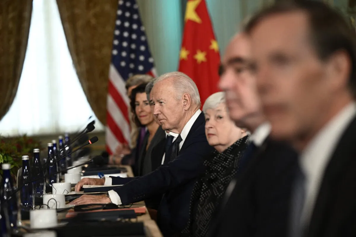 U.S. President Joe Biden looks on during a meeting with Chinese leader Xi Jinping during the Asia-Pacific Economic Cooperation (APEC) Leaders' week in Woodside, Calif., on Nov. 15, 2023. (Brendan Smialowski/AFP via Getty Images)