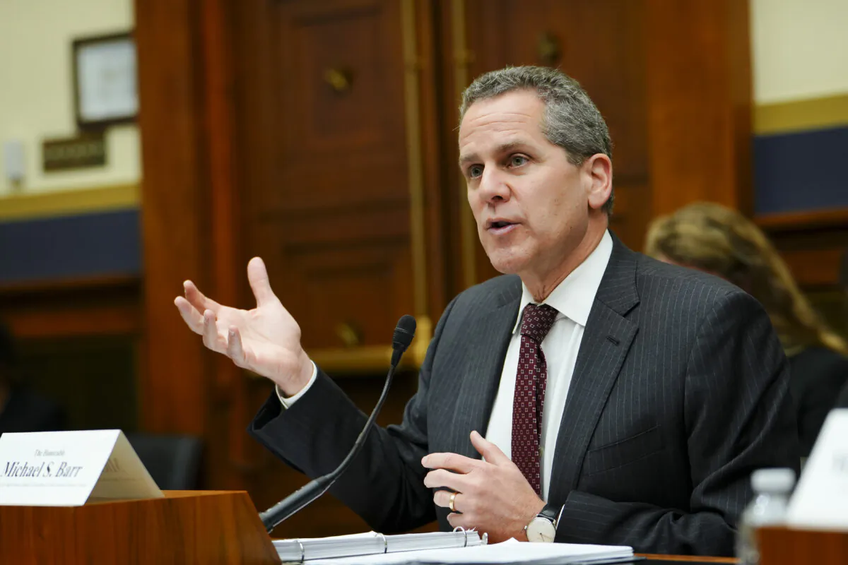 Michael Barr, vice chairman for supervision at the Board of Governors of the Federal Reserve System, testifies before the House Financial Services Committee in Washington on Nov. 15, 2023. (Madalina Vasiliu/The Epoch Times)