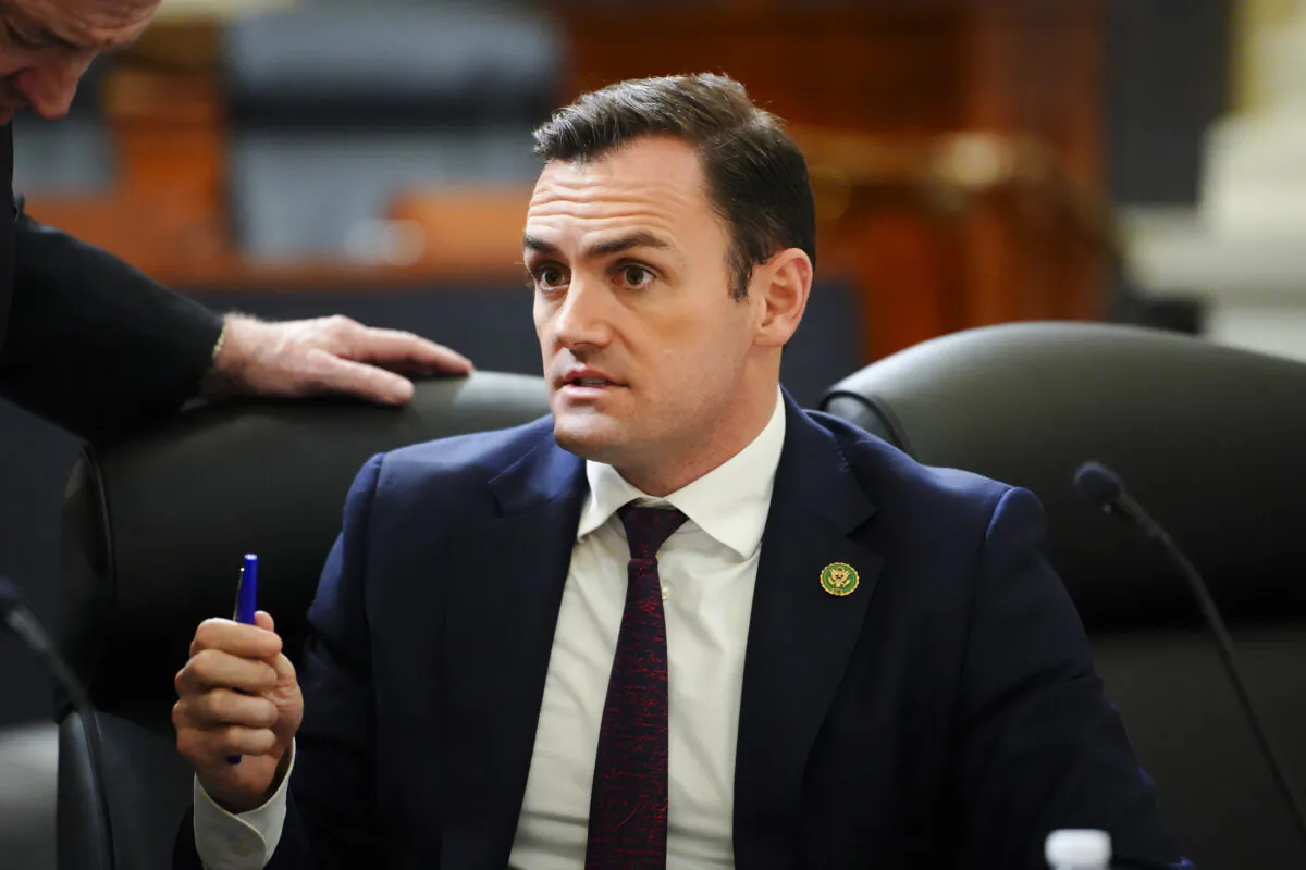 Chairman of the Select Committee on the Chinese Communist Party (CCP), Rep. Mike Gallagher (R-Wis.), speaks during a press conference unveiling the results of the committee’s investigation into the biolab discovered in Reedley, Calif., in Washington on Nov. 15, 2023. (Madalina Vasiliu/The Epoch Times)