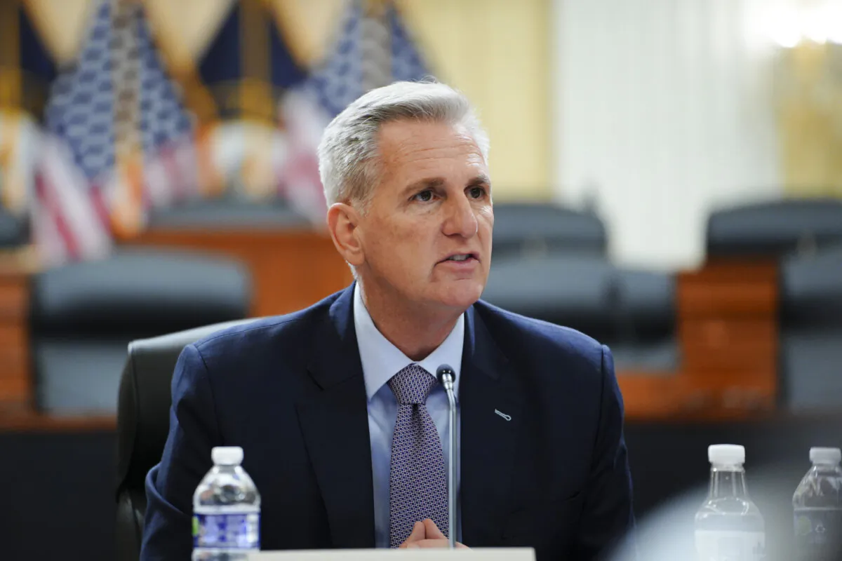 Rep. Kevin McCarthy (R-Calif.) speaks during a press conference unveiling the results of the Select Committee on the Chinese Communist Party (CCP) investigation into the biolab discovered in Reedley, Calif., in Washington on Nov. 15, 2023. (Madalina Vasiliu/The Epoch Times)