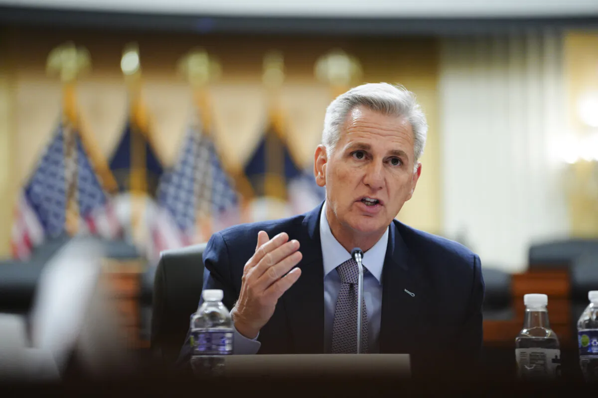 Rep. Kevin McCarthy (R-Calif.) speaks during a press conference unveiling the results of the Select Committee on the Chinese Communist Party (CCP) investigation into the biolab discovered in Reedley, Calif., in Washington on Nov. 15, 2023. (Madalina Vasiliu/The Epoch Times)