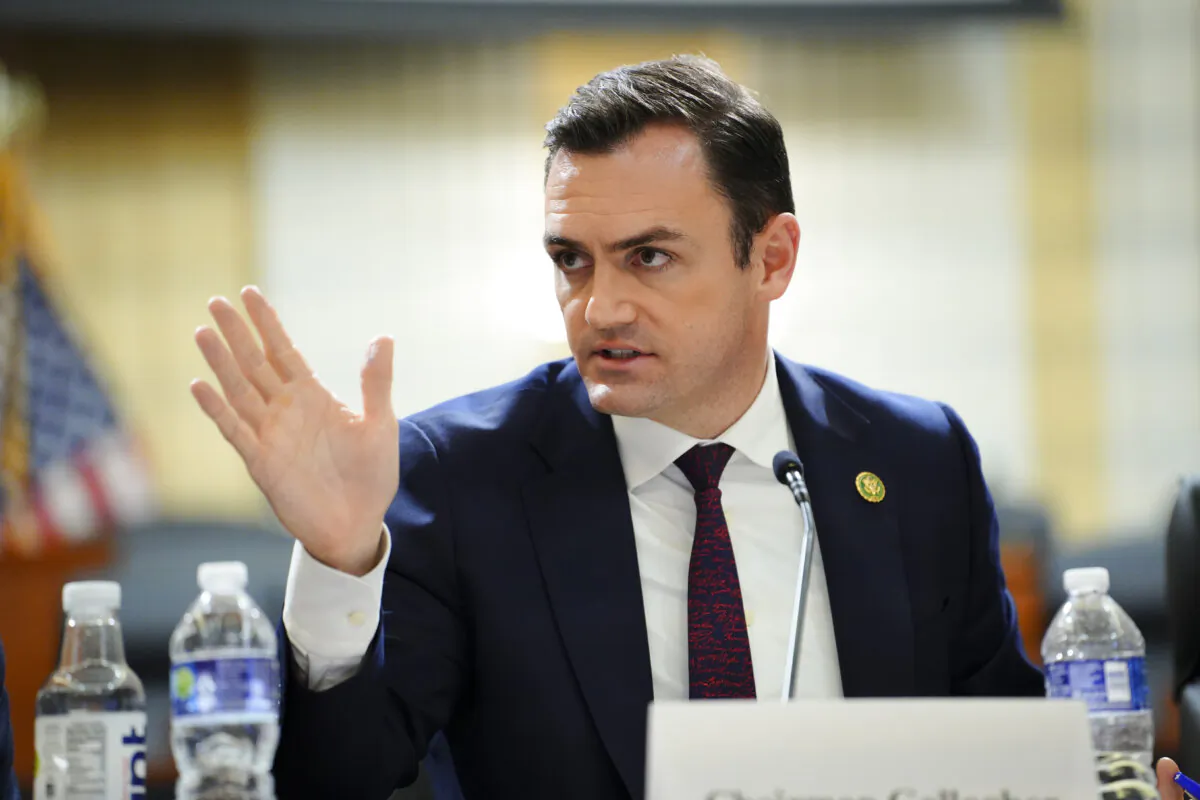 Chairman of the Select Committee on the Chinese Communist Party (CCP), Rep. Mike Gallagher (R-Wis.), speaks during a press conference unveiling the results of the Committee’s investigation into the biolab discovered in Reedley, Calif., in Washington on Nov. 15, 2023. (Madalina Vasiliu/The Epoch Times)