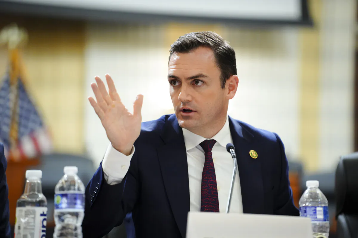 U.S. Rep. Mike Gallagher (R-Wis.), chairman of the Select Committee on the Chinese Communist Party (CCP), speaks during a news conference unveiling the results of the committee’s investigation into the biolab discovered in Reedley, Calif., in Washington on Nov. 15, 2023. (Madalina Vasiliu/The Epoch Times)