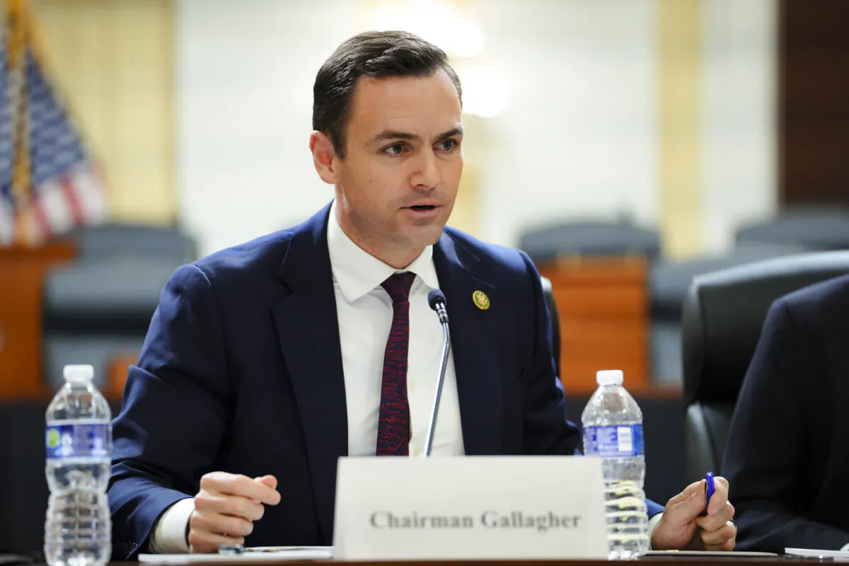 Rep. Mike Gallagher (R-Wis.), chairman of the Select Committee on the Chinese Communist Party (CCP), speaks during a news conference unveiling the results of the committee’s investigation into the biolab discovered in Reedley, Calif., in Washington on Nov. 15, 2023. (Madalina Vasiliu/The Epoch Times)