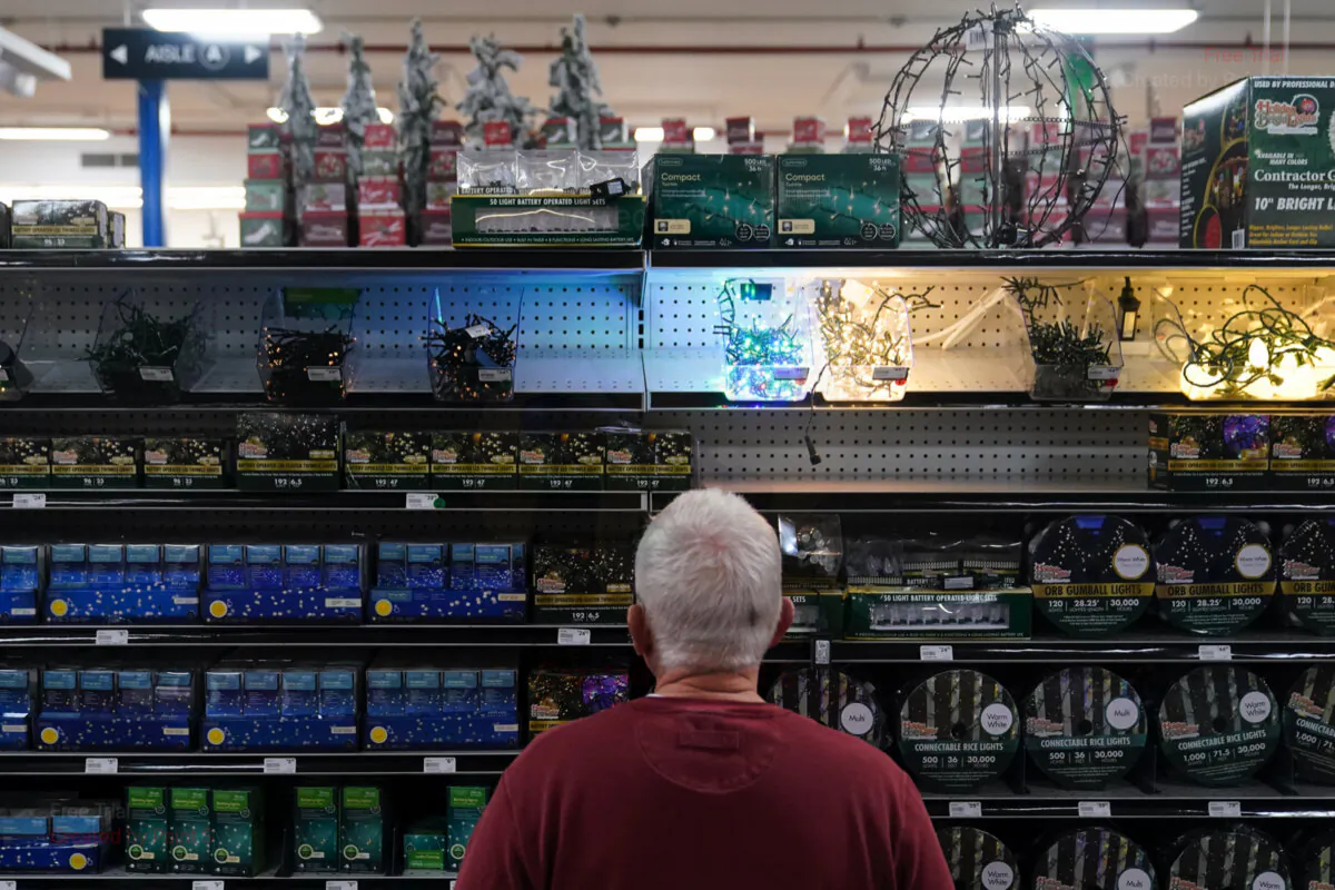 A customer browses the holiday lights section at Blackhawk Hardware in Charlotte, N.C., on Nov. 1, 2023 (Erik Verduzco/AP Photo)