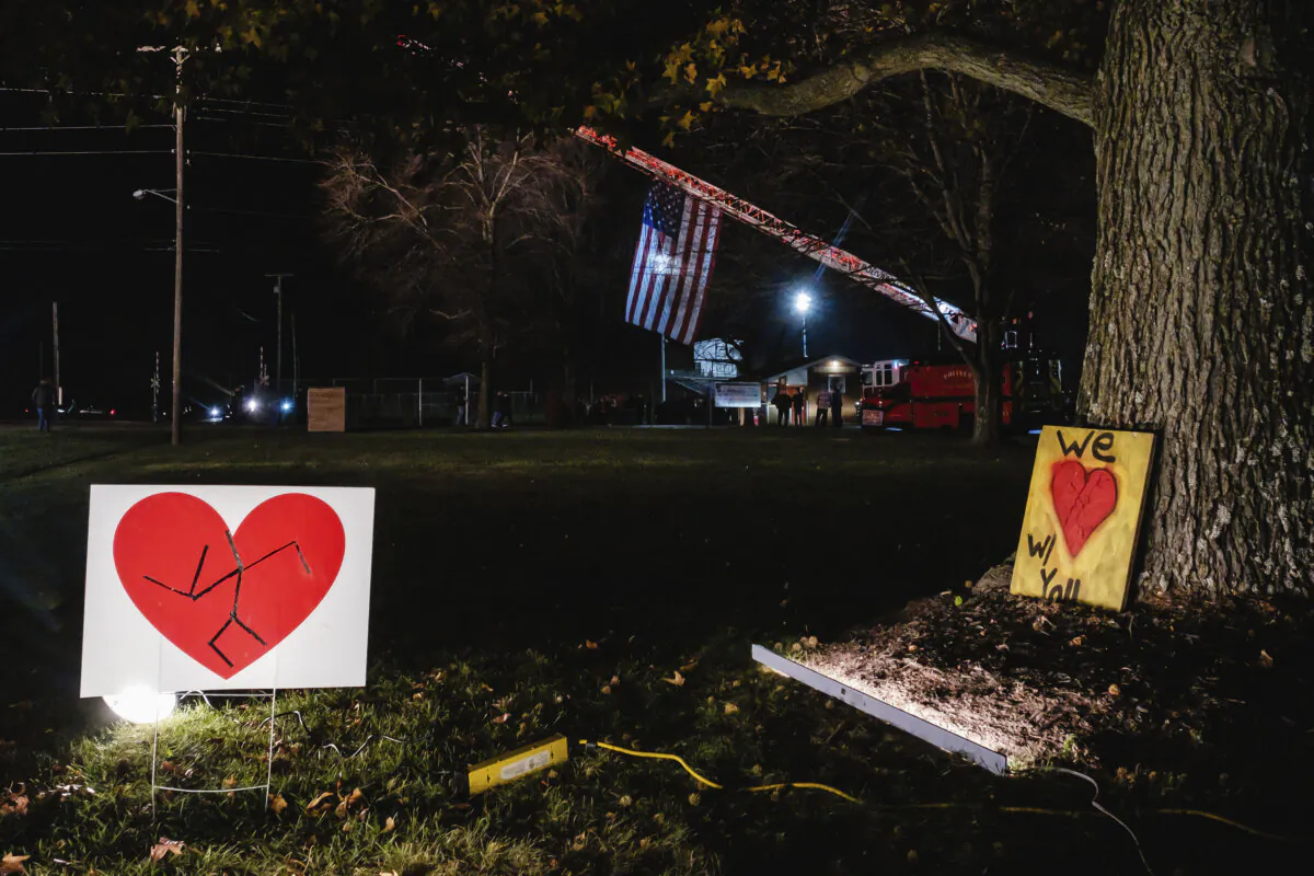 Signs in support of the Tusky Valley Schools community in front of the elementary school shortly before a community prayer vigil at the Tuscarawas Valley Schools football stadium in Zoarville, Ohio, on Nov. 14, 2023. (Andrew Dolph/Times Reporter via AP)
