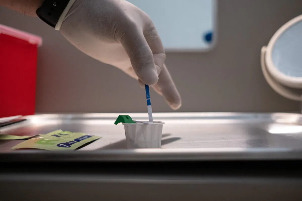 A worker tests a drug sample for fentanyl in Mexicali in Baja California, Mexico, on May 9, 2023. (Guillermo Arias/AFP via Getty Images)