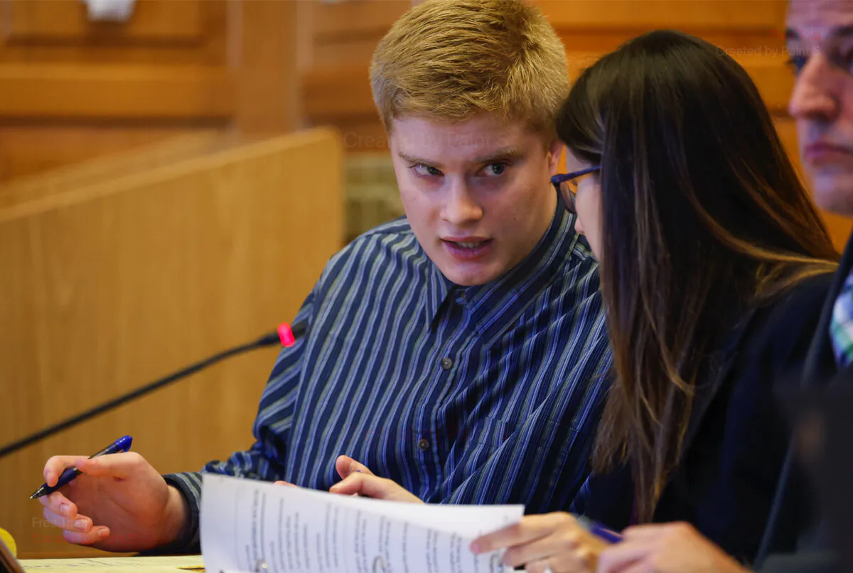 Jeremy Goodale (left) talks with his defense co-counsel Nicole Jensen during his sentence hearing at the Jefferson County Courthouse in Fairfield, Iowa, on Nov. 15, 2023. (Jim Slosiarek/The Gazette/Pool Photo via AP)