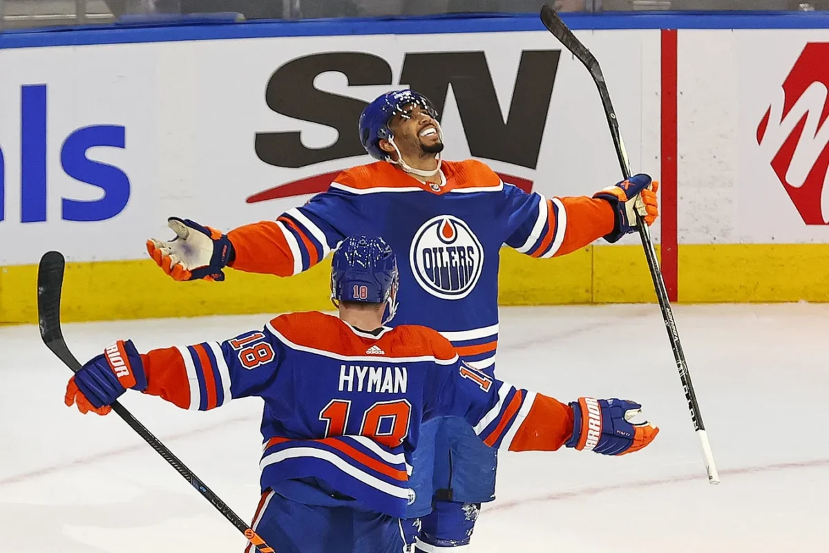 Edmonton Oilers forward Evander Kane (91) celebrates his overtime winning goal against the Seattle Kraken at Rogers Place in Edmonton on Nov. 15, 2023. (Perry Nelson-USA TODAY Sports via Field Level Media)