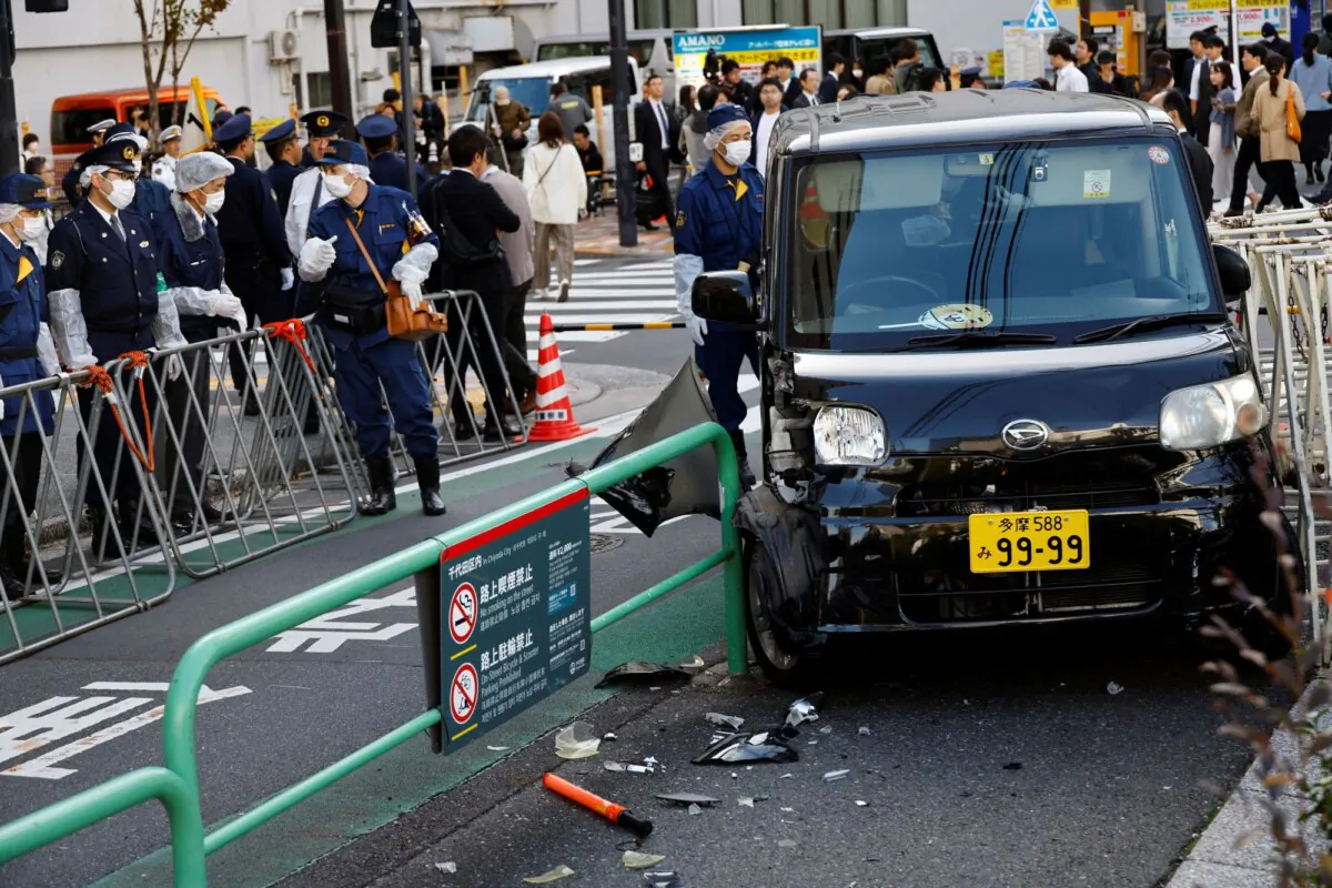 A view of the scene after a car crashed into a barricade near the Israeli embassy in Tokyo, Japan, on Nov. 16, 2023. (Kim Kyung-Hoon/Reuters)