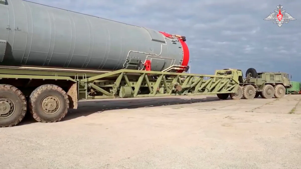 An intercontinental ballistic missile equipped with the nuclear-capable "Avangard" hypersonic glide vehicle is transported to its launch silo in Orenburg region, Russia, in an image released on Nov. 16, 2023. (Russian Defense Ministry/Handout via Reuters)