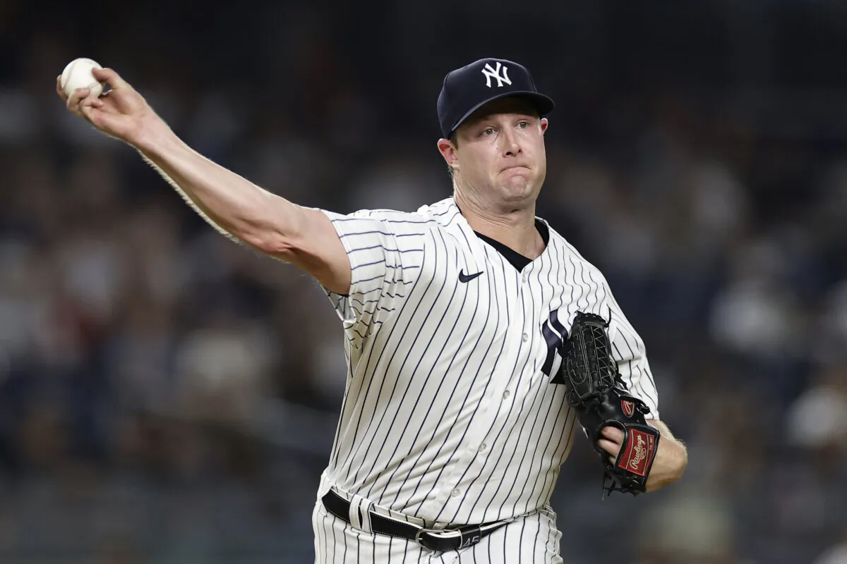 New York Yankees pitcher Gerrit Cole (45) in action against the Detroit Tigers during the fifth inning of a baseball game in New York on Sept. 5, 2023. (Adam Hunger/AP Photo)