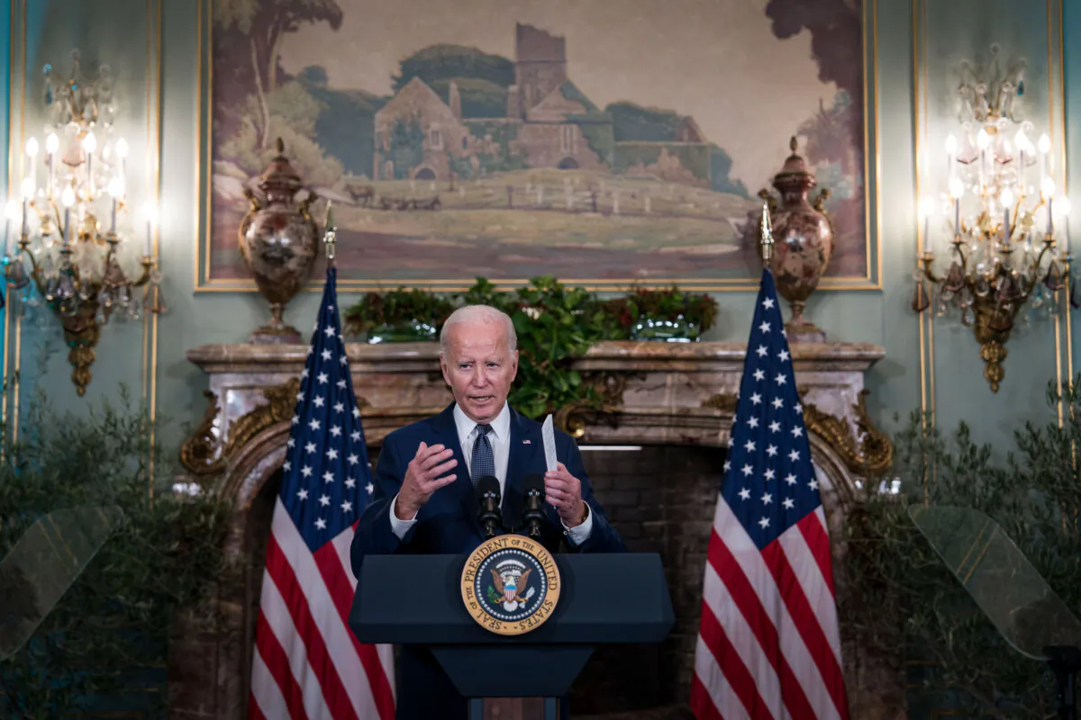 President Joe Biden delivers remarks at a news conference at the Filoli estate in Woodside, Calif., on Nov. 15, 2023. (Kent Nishimura/Getty Images)