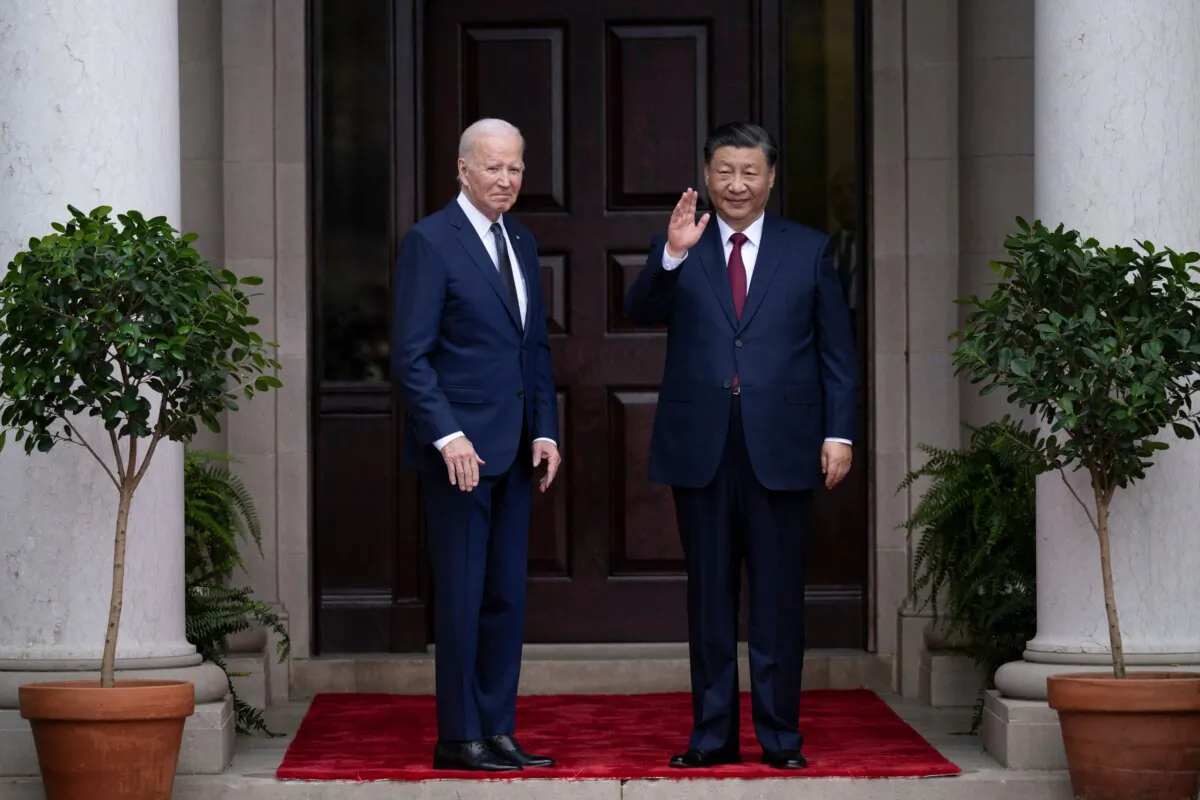 U.S. President Joe Biden greets Chinese leader Xi Jinping before a meeting during the Asia-Pacific Economic Cooperation (APEC) Leaders' week in Woodside, Calif., on Nov. 15, 2023. (Brendan Smialowski/AFP via Getty Images)